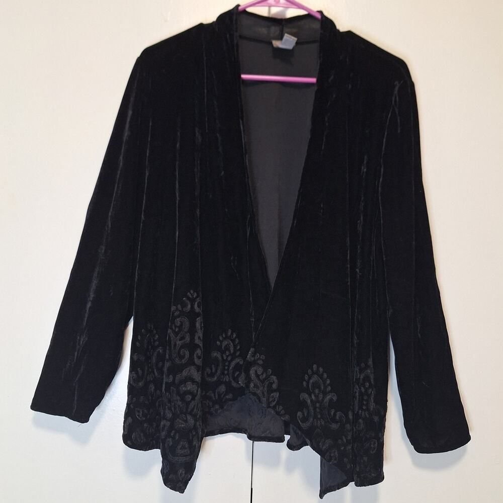 Easywear by Chico's Black Velvet Jacquard Embossed Waterfall Cardigan Size 2